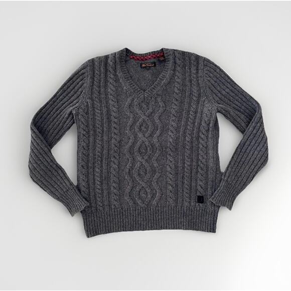Ben Sherman Mens Sweater Size Medium Gray Wool Cable Knit Fisherman Aran Classic - Picture 1 of 8